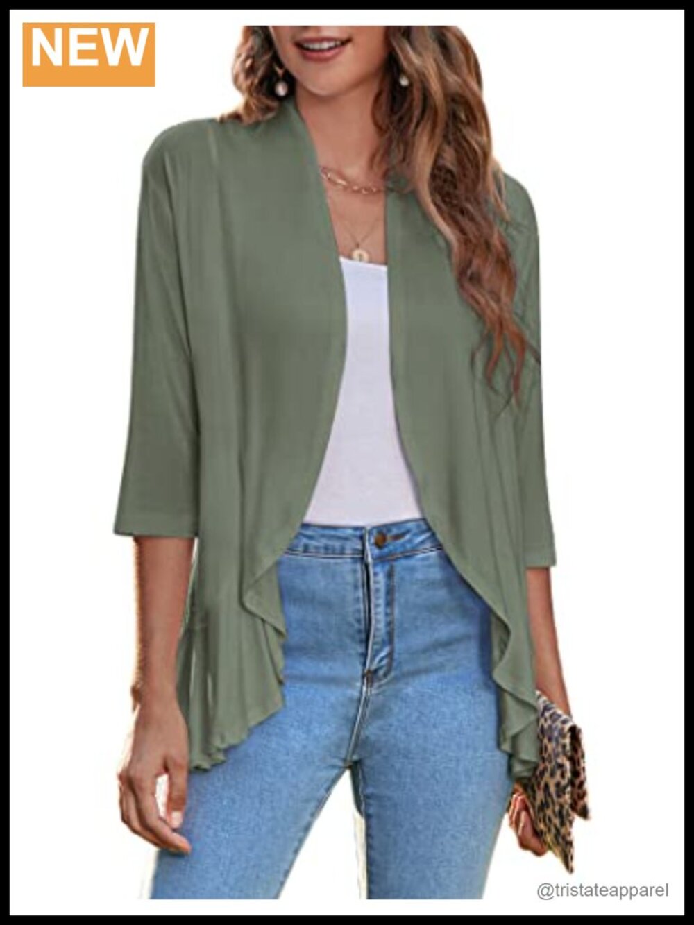 Womens Lightweight Open Front Cardigan 3/4 Sleeve Draped Ruffles Kimono